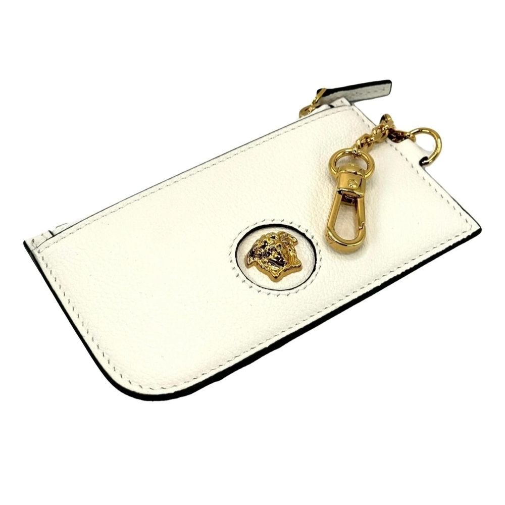 NIB Versace White and Gold Leather Pouch Card Holder Key Chain Zipper In Box